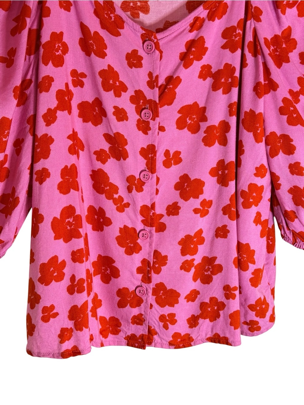 Sanctuary Pink Red Floral Button Front Puff Sleeve Blouse Medium - Picture 5 of 8